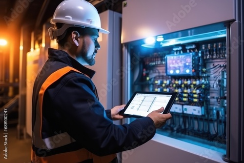 Male Caucasian working with digital tablet in front of the electric control panel. 