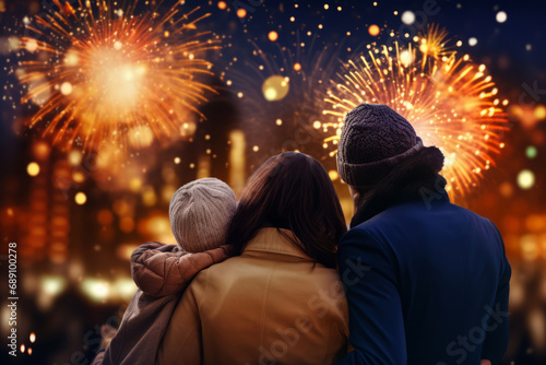 Family watching fireworks on a city festival at New Year's Eve celebration night