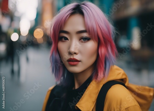 portrait of young Asian women with multicolored hair and bright makeup looking at camera while standing © abu
