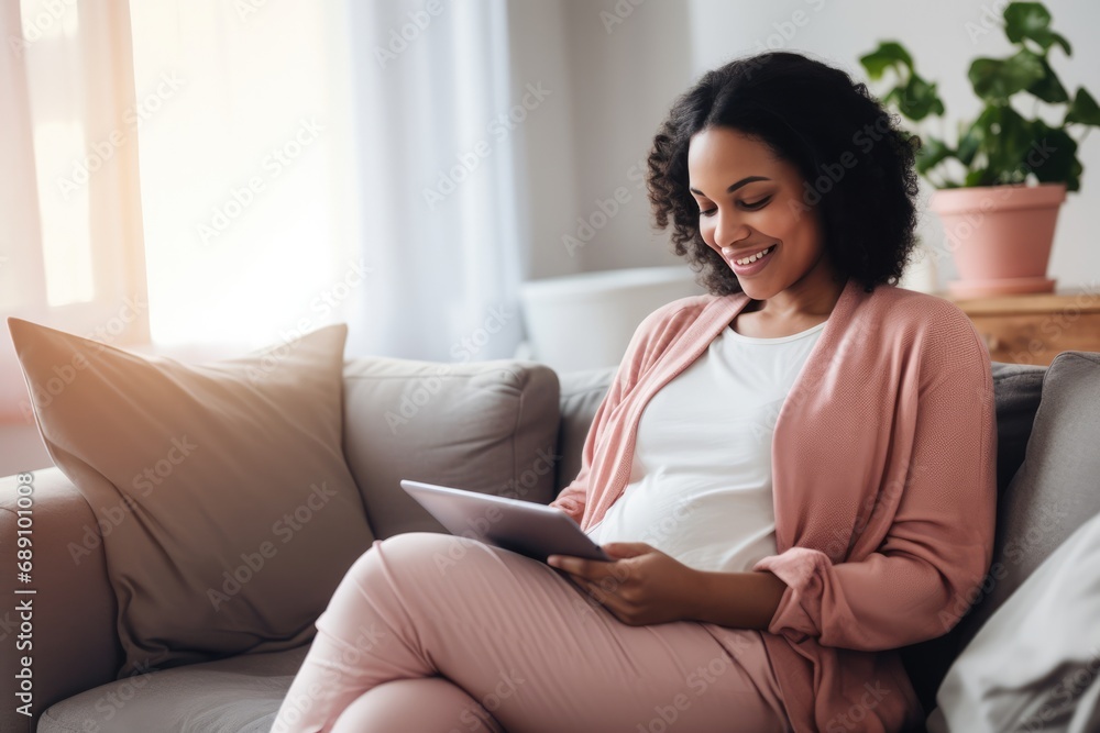 Photo of a pregnant woman reading online news on a laptop in her living room Photo of a pregnant woman reading online news on a laptop in her living room