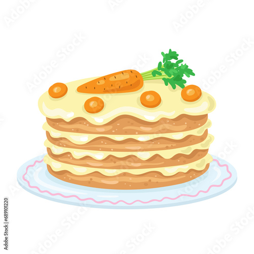 Big beautiful carrot cake . In cartoon style. Isolated on white background. Vector flat illustration.