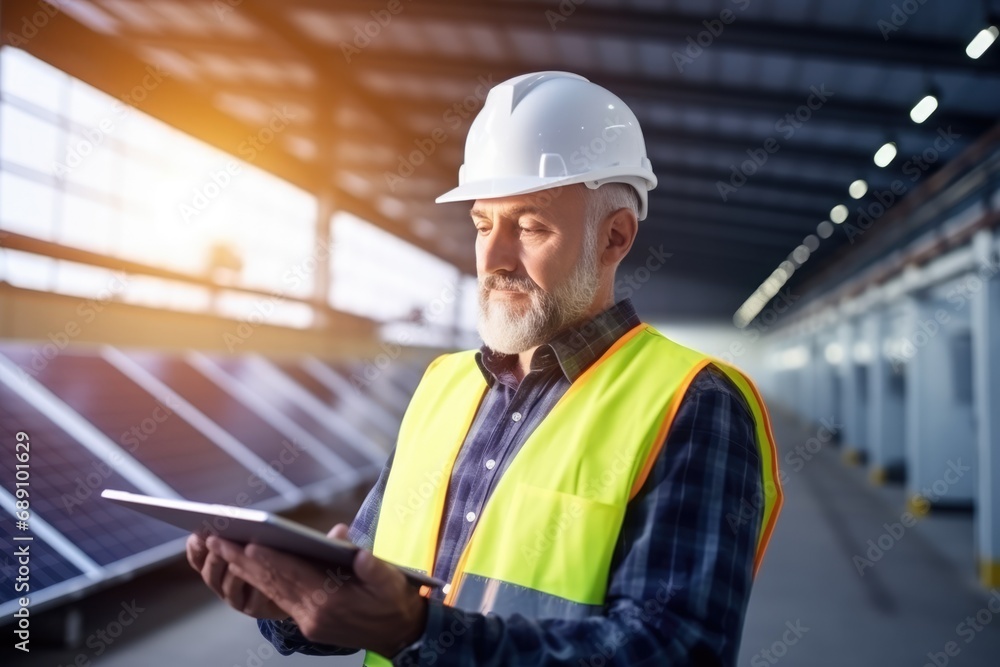 Senior Electrical Engineer examining light indication status with digital tablet in control room at solar power plant energy. Senior Electrical Engineer examining light indication status with digital tablet in control room at solar power plant energy.