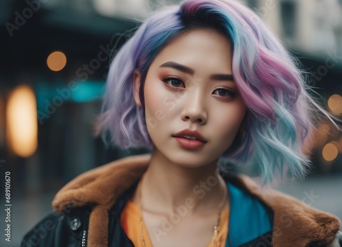 portrait of A young Asian woman with multicolored hair and vibrant makeup stands, looking directly at the camera.   © abu