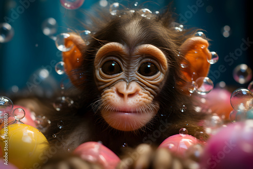Monkey Enjoying a Bubble Bath