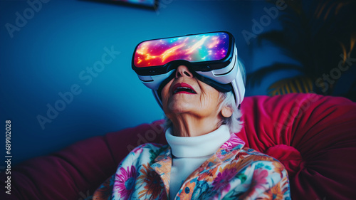 スマートグラスで仮想現実を楽しむおばあちゃん Grandmother having a fun with smart glasses