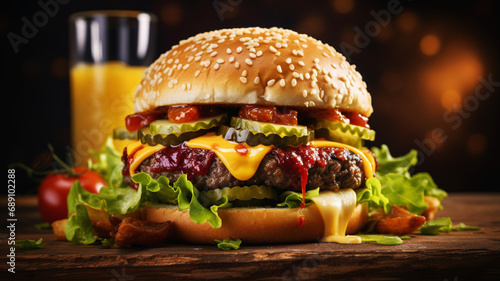                                                     Delicious thick hamburger with fresh vegetable