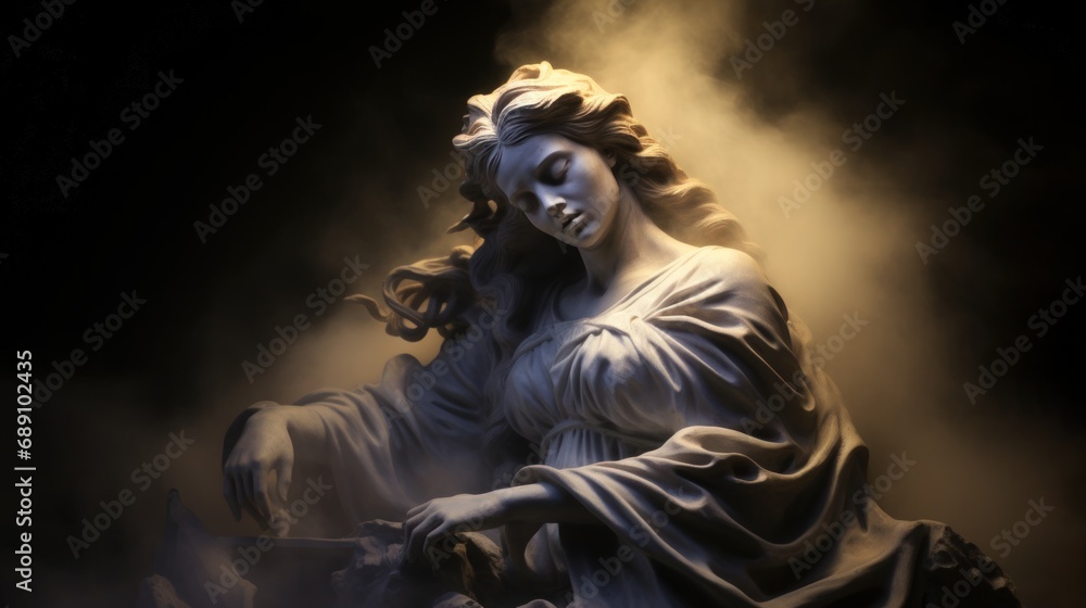 Ancient antique statue of female person in mystical haze on gloomy dark background, beautiful statue of young adult woman in aura of beauty and mystery in timeless allure