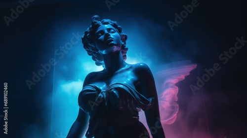 Ancient antique statue of female person in mystical neon glow haze, gloomy dark background, beautiful statue of young adult woman in aura of beauty and mystery shrouded in enigma