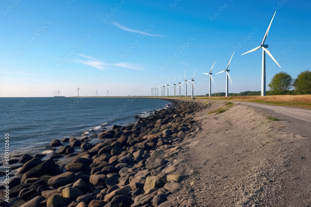 Wind turbines next to a levee on the shore of the IJsselmeer in the Noordoostpolder in Flevoland 
