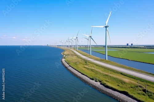 Wind turbines next to a levee on the shore of the IJsselmeer in the Noordoostpolder in Flevoland. drone shot photo