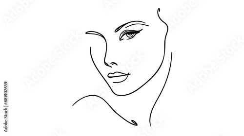 Minimalistic silhouette of woman face. Black and white. White background. One line drawing