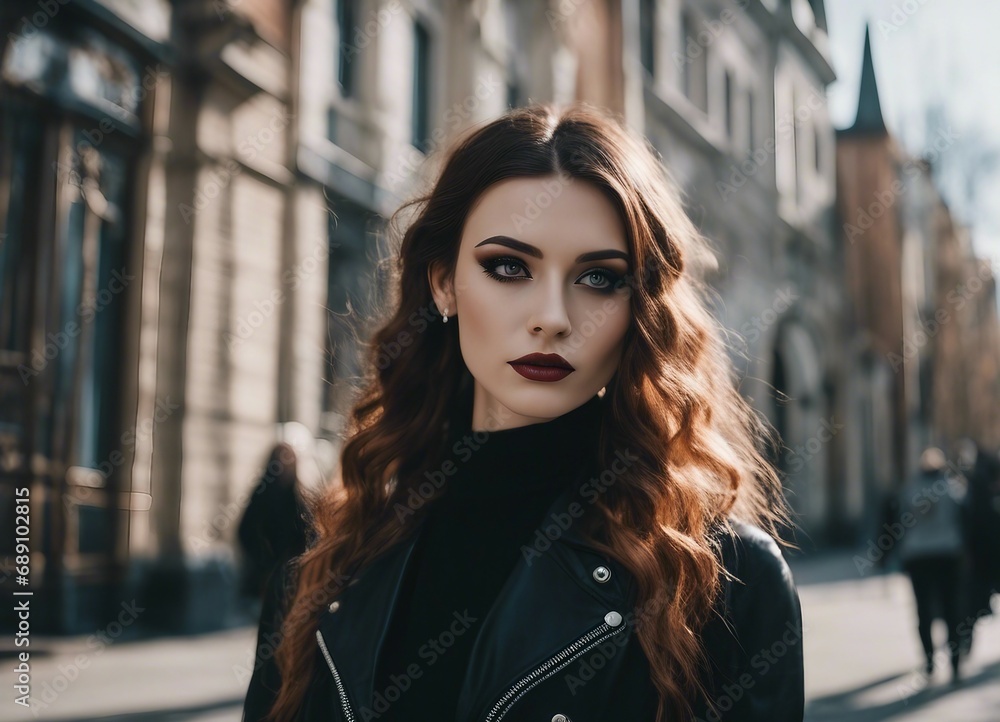 street portrait of a young women dressed in gothic style, bright day
street portrait of a young women dressed in gothic style, bright day