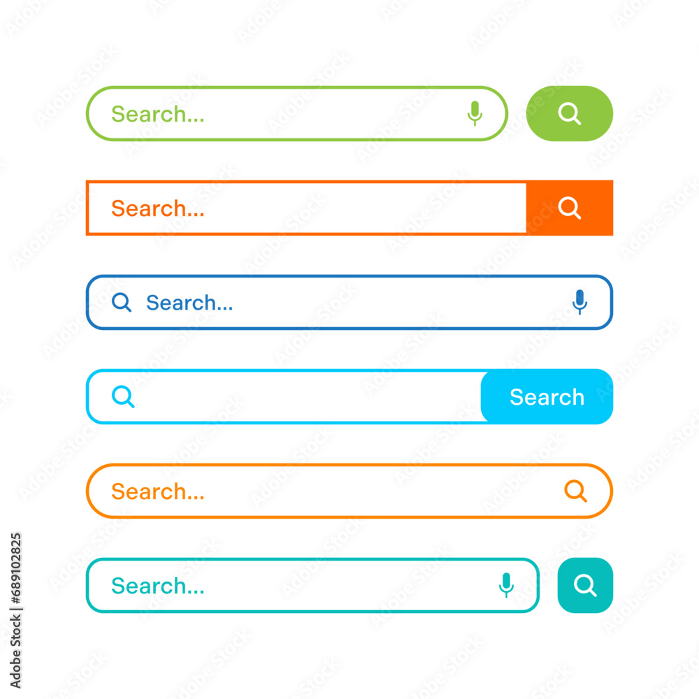 Colorful search bar templates. Internet browser engine with search box, address bar and text field. UI design, website interface element with web icons and push button. Vector illustration Colorful search bar templates. Internet browser engine with search box, address bar and text field. UI design, website interface element with web icons and push button. Vector illustration