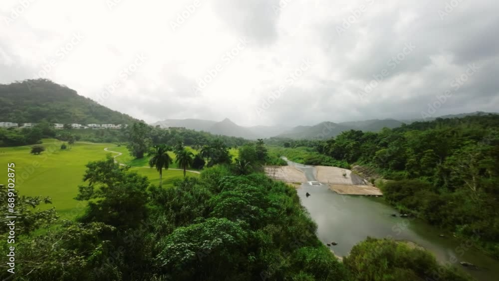 Aerial establishing shot of a small river running alongside a forest in Puerto Rico Aerial establishing shot of a small river running alongside a forest in Puerto Rico