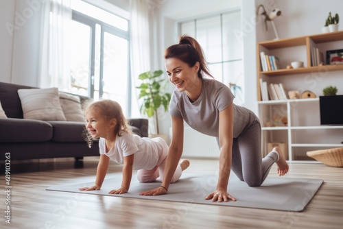Young woman exercising while her daughter drawing in the living room at home 