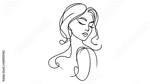 Minimalistic silhouette of woman face. Black and white. White background. One line drawing