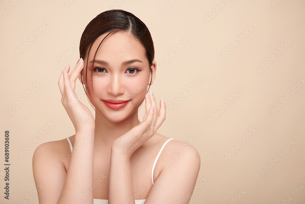 Beautiful young asian woman with clean fresh skin on beige background, Face care, Facial treatment, Cosmetology, beauty and spa, Asian women portrait. Beautiful young asian woman with clean fresh skin on beige background, Face care, Facial treatment, Cosmetology, beauty and spa, Asian women portrait.