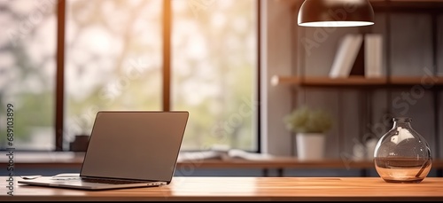 Wallpaper Mural Sleek office setup. Modern laptop on wooden table. Digital workspace. Desk with pc and blank screen. Tech haven. Empty workplace with computer Torontodigital.ca