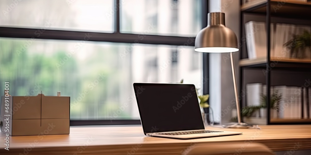 Sleek office setup. Modern laptop on wooden table. Digital workspace. Desk with pc and blank screen. Tech haven. Empty workplace with computer Sleek office setup. Modern laptop on wooden table. Digital workspace. Desk with pc and blank screen. Tech haven. Empty workplace with computer