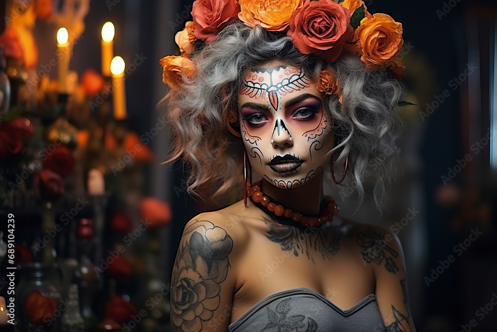 Face image of beautiful women as a Calavera Catrina, Highly detailed, yellow red details, woman with sugar skull makeup, Day of The Dead, Halloween costume and make-up.