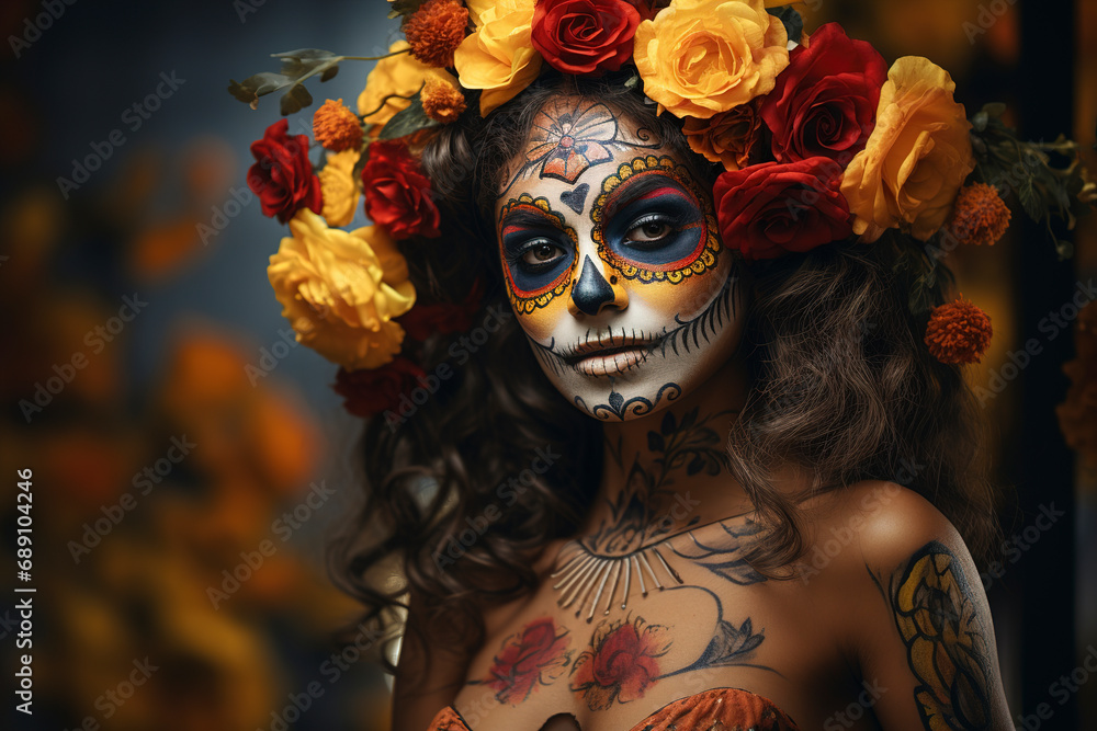 Face image of beautiful women as a Calavera Catrina, Highly detailed, yellow red details, woman with sugar skull makeup, Day of The Dead, Halloween costume and make-up.