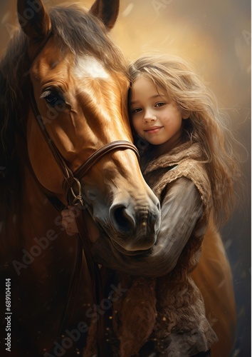 Young woman hugging a brown horse. AI Generative