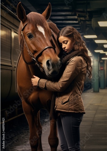 Young woman hugging a brown horse. AI Generative