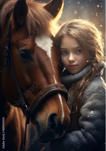 Young woman hugging a brown horse. AI Generative