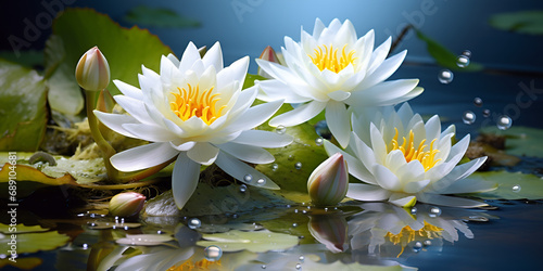 Sunlit Petals: Exploring the Beauty of White Pure Lotus on Serene Water, Nature's Canvas: White Lotus Blooms Amidst Green Leaves on Sunlit Waters generative AI 