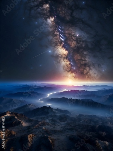 Abstract background of sunrising , planets and galaxy view from top of earth