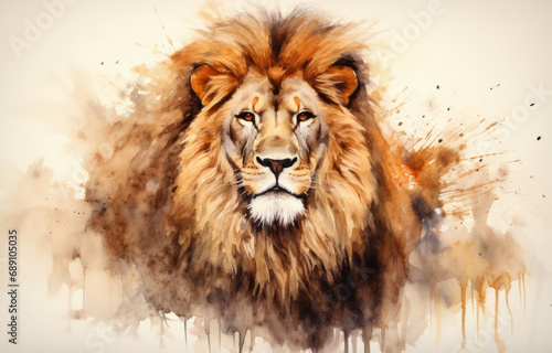 Lion head with colorful splashes of ink on white background.