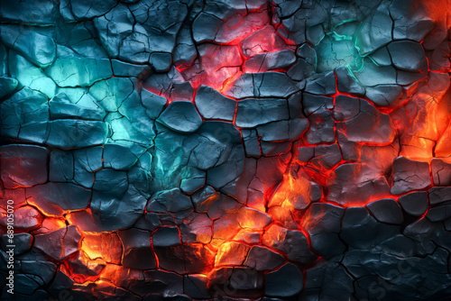Burning coal texture. Background of molten cracked black texture