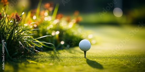 Golf ball on a tee on green grass with bokeh sun light.