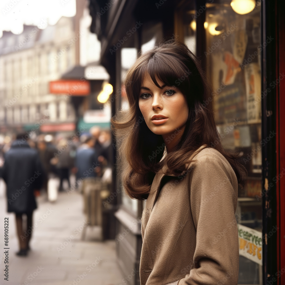 A young brunette woman standing in a 1960s street. A young brunette woman standing in a 1960s street.