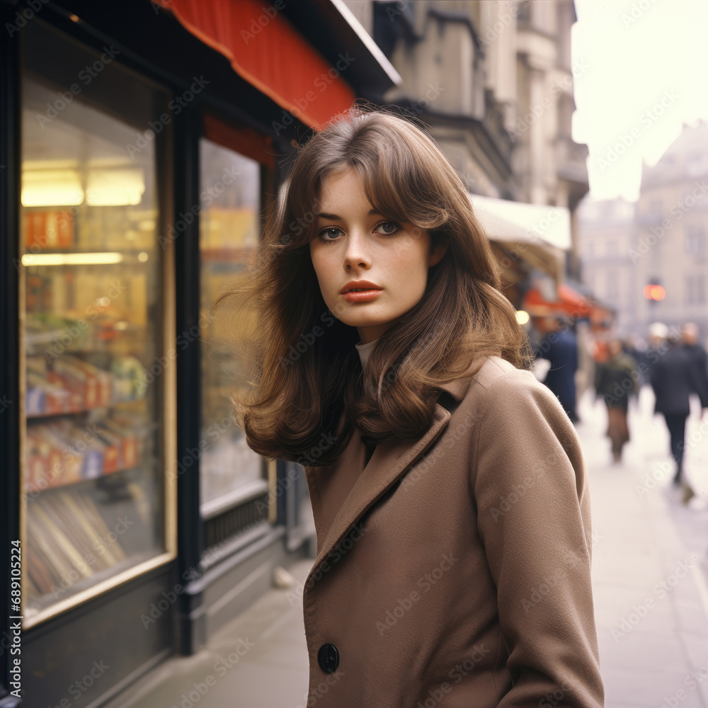 A young brunette woman standing in a 1960s street. A young brunette woman standing in a 1960s street.