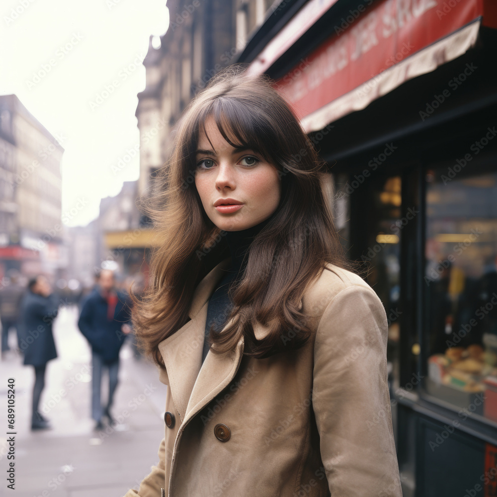 A young brunette woman standing in a 1960s street. A young brunette woman standing in a 1960s street.