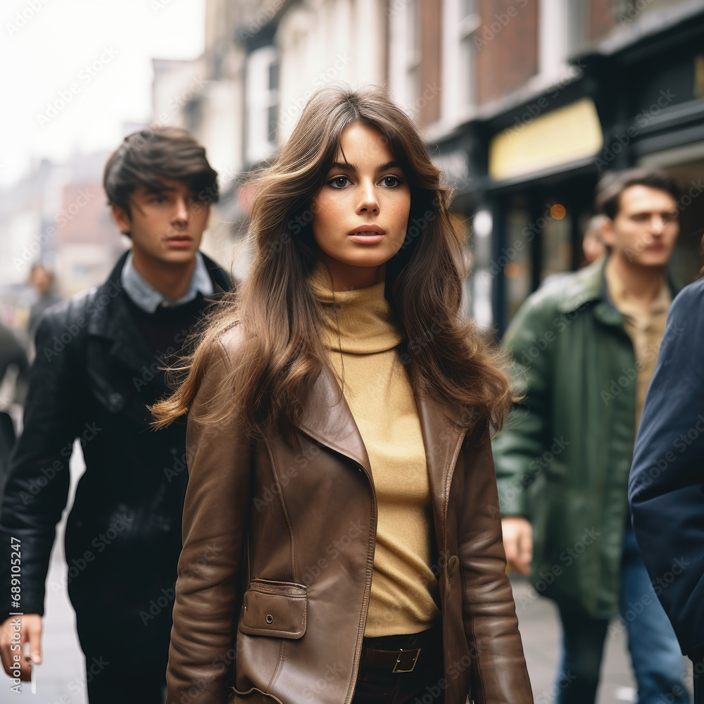 A young brunette woman standing in a 1960s street. A young brunette woman standing in a 1960s street.