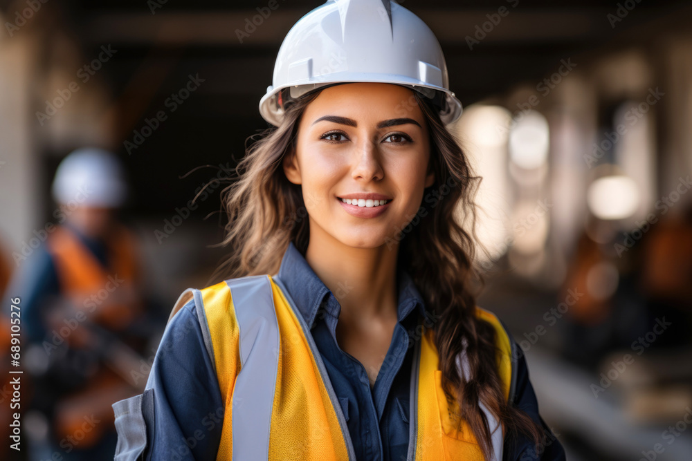 Female Architect in white Hard Hat: Building, Safety, and Hard Work on a Construction Site with positive attitude and Reflective Gear Female Architect in white Hard Hat: Building, Safety, and Hard Work on a Construction Site with positive attitude and Reflective Gear