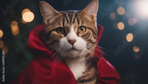 tabby cat in a red cape, isolated white background  © abu