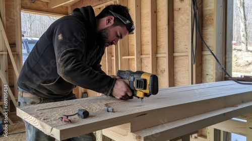 Professional Carpenter at Work in a Well-Equipped Wood Workshop.