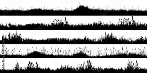Meadow silhouettes with grass, plants on plain. Panoramic summer lawn landscape with herbs, various weeds. Herbal border, frame element. Black horizontal banners. Vector illustration photo