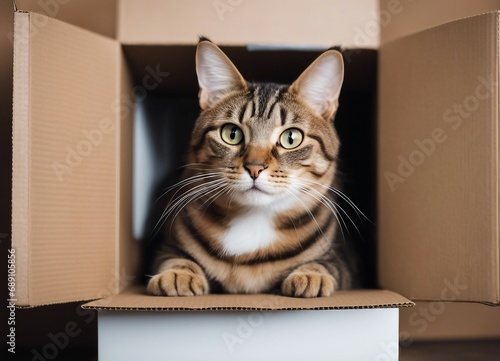 tabby cat laying in the box, isolated white background 