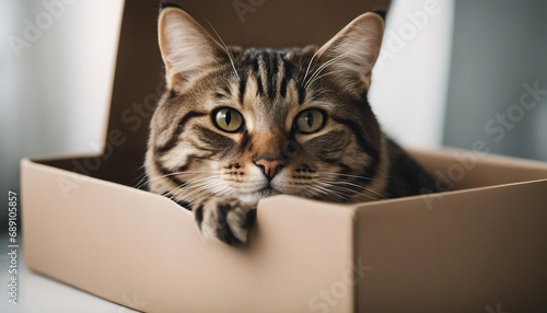 tabby cat laying in the box, isolated white background  © abu