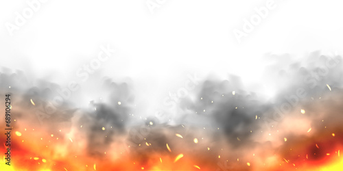 Black realistic smoke, dust clouds isolated on white background. Dirty polluted smog or fog. Air pollution, mist effect. Smoke from fire or explosion. Vector illustration