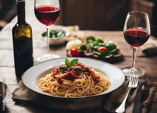 traditional spaghetti and glass of wine, at Italian streets