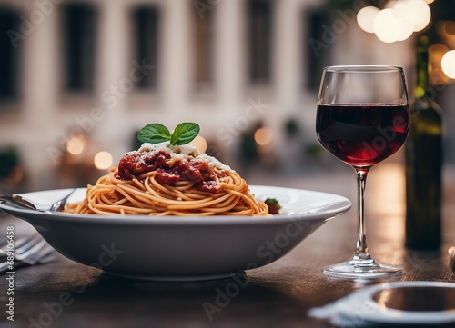 traditional spaghetti and glass of wine, at Italian streets