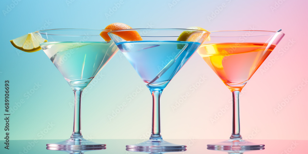 Mixed drink in a glass. Set of coctails on bar counter in a restaurant, pub. Collection of fresh juice alcoholic drinks. Cooler beverage at nightclub on pastel background.