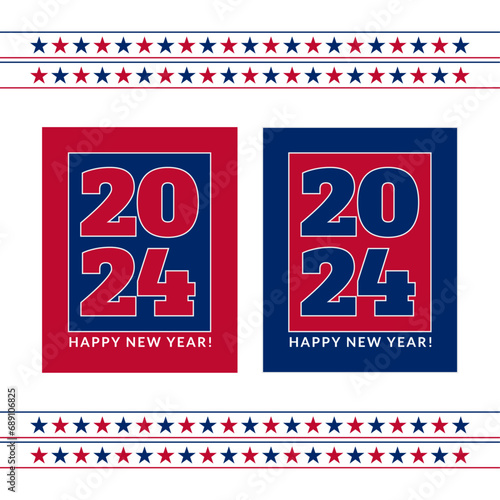 2024 Happy New Year. Red & Blue 2024 Posters. 2024 USA New Year. Vector Illustration