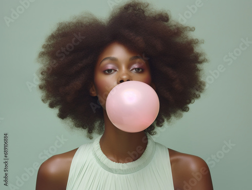 Young beautiful black woman with pink bubble gum photo