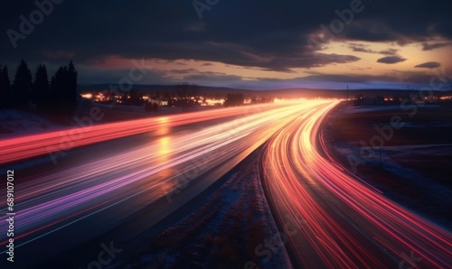 Vibrant Long-Exposure Traffic Lights on Highway at Dusk.